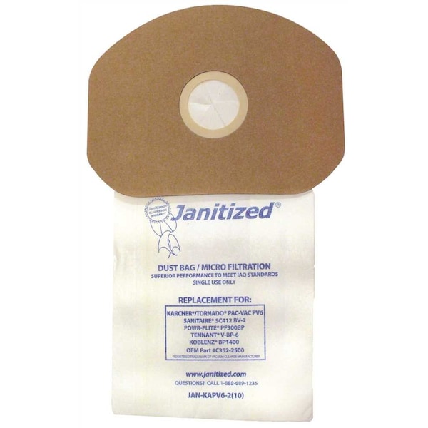 Janitized Vacuum Bag for KARCHER PAC-VAC PV6Equivalent to C352-2500, 9007784, CMBP-10, BV-2, 10PK JAN-KAPV6-2(10) - main